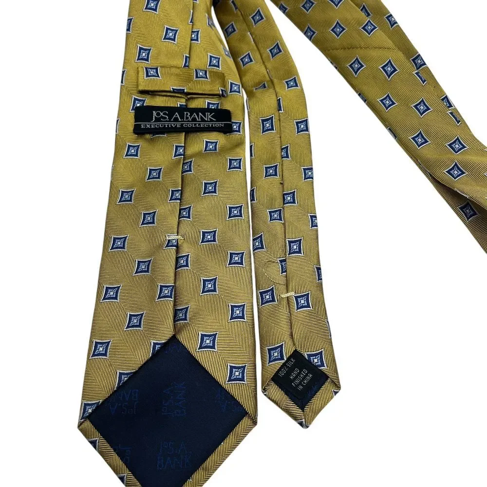 Jos A Bank Executive Collection Men's Necktie Yellow with Blue Squares Silk Tie